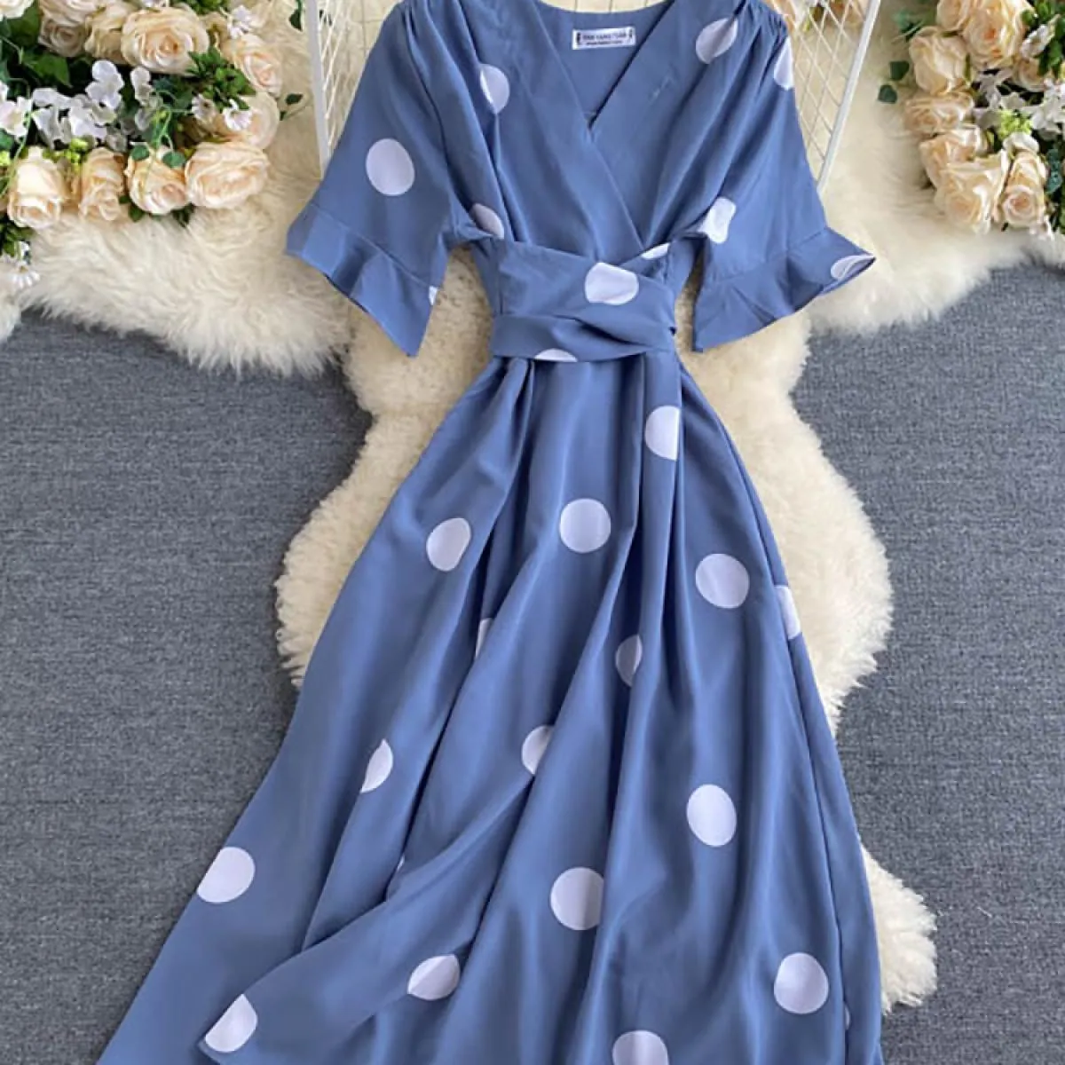 Abito longuette a pois da donna estivo Abito longuette con scollo a V corto Manica svasata Fasciatura A Line Abiti Abito casual