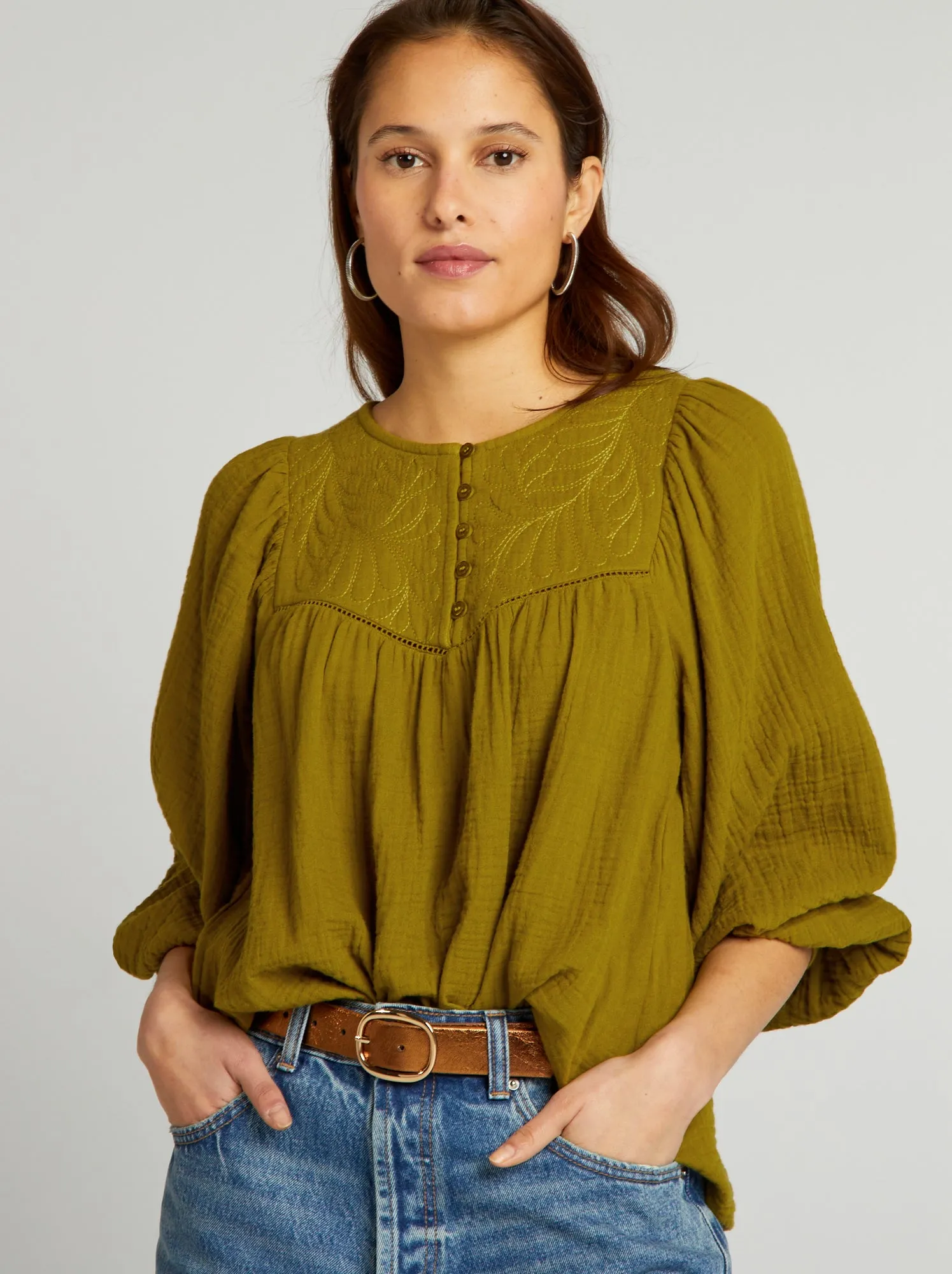 Blusa in garza di cotone con ricamo - VERDE